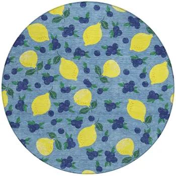 8' Denim Blue Yellow And Green Round Lemons Washable Indoor Outdoor Area Rug