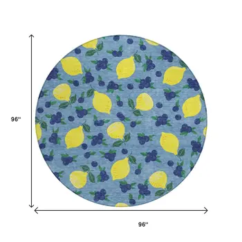 8' Denim Blue Yellow And Green Round Lemons Washable Indoor Outdoor Area Rug