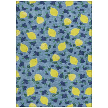 8' X 10' Denim Blue Yellow And Green Lemons Washable Indoor Outdoor Area Rug