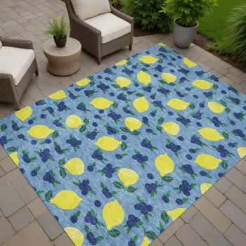 8' X 10' Denim Blue Yellow And Green Lemons Washable Indoor Outdoor Area Rug