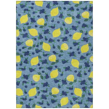 8' X 10' Denim Blue Yellow And Green Lemons Washable Indoor Outdoor Area Rug