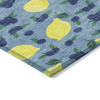 8' X 10' Denim Blue Yellow And Green Lemons Washable Indoor Outdoor Area Rug