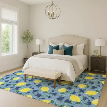 8' X 10' Denim Blue Yellow And Green Lemons Washable Indoor Outdoor Area Rug