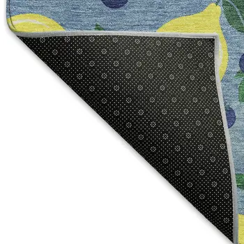 9' X 12' Denim Blue Yellow And Green Lemons Washable Indoor Outdoor Area Rug