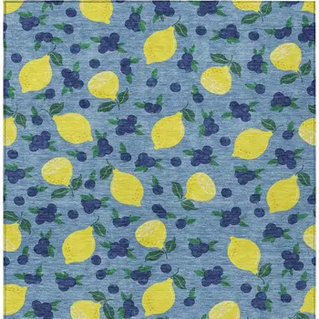 9' X 12' Denim Blue Yellow And Green Lemons Washable Indoor Outdoor Area Rug
