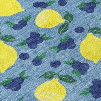 9' X 12' Denim Blue Yellow And Green Lemons Washable Indoor Outdoor Area Rug