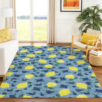 9' X 12' Denim Blue Yellow And Green Lemons Washable Indoor Outdoor Area Rug