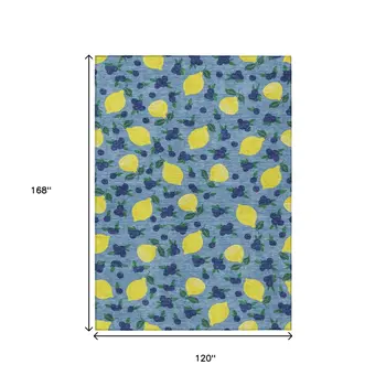 10' X 14' Denim Blue Yellow And Green Lemons Washable Indoor Outdoor Area Rug