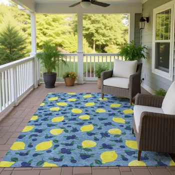 10' X 14' Denim Blue Yellow And Green Lemons Washable Indoor Outdoor Area Rug