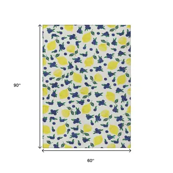 5' X 8' Ivory Yellow And Blue Lemons Washable Indoor Outdoor Area Rug