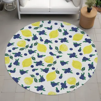 8' Ivory Yellow And Blue Round Lemons Washable Indoor Outdoor Area Rug