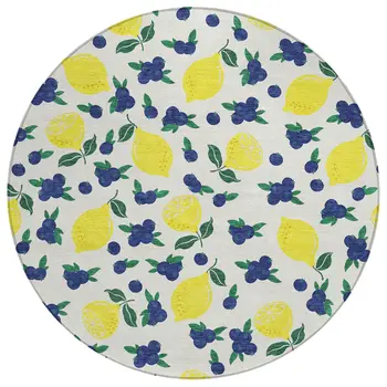 8' Ivory Yellow And Blue Round Lemons Washable Indoor Outdoor Area Rug