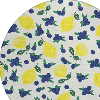 8' Ivory Yellow And Blue Round Lemons Washable Indoor Outdoor Area Rug
