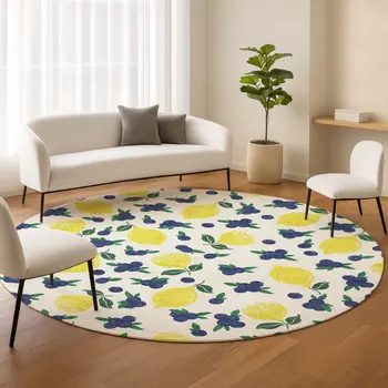 8' Ivory Yellow And Blue Round Lemons Washable Indoor Outdoor Area Rug