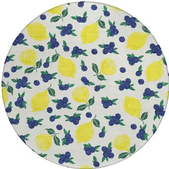 8' Ivory Yellow And Blue Round Lemons Washable Indoor Outdoor Area Rug
