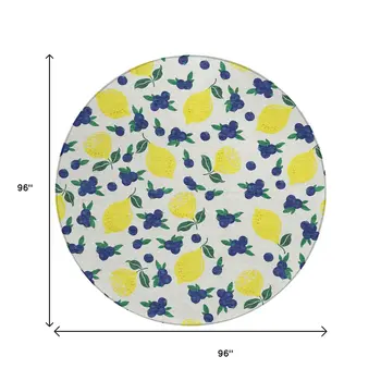 8' Ivory Yellow And Blue Round Lemons Washable Indoor Outdoor Area Rug