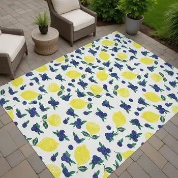 8' X 10' Ivory Yellow And Blue Lemons Washable Indoor Outdoor Area Rug