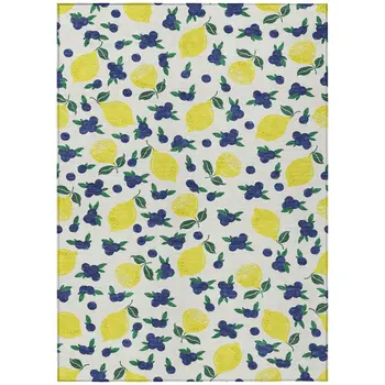 8' X 10' Ivory Yellow And Blue Lemons Washable Indoor Outdoor Area Rug