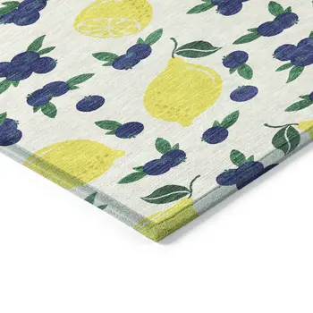 8' X 10' Ivory Yellow And Blue Lemons Washable Indoor Outdoor Area Rug