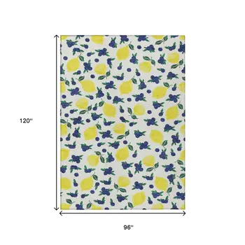 8' X 10' Ivory Yellow And Blue Lemons Washable Indoor Outdoor Area Rug