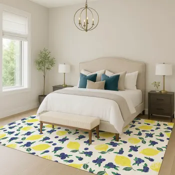 8' X 10' Ivory Yellow And Blue Lemons Washable Indoor Outdoor Area Rug