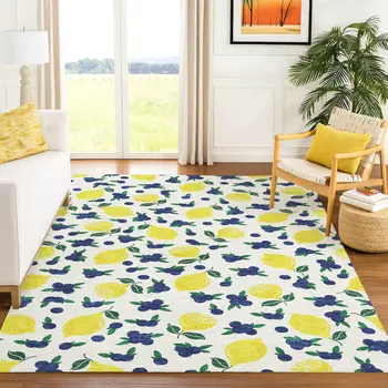 8' X 10' Ivory Yellow And Blue Lemons Washable Indoor Outdoor Area Rug