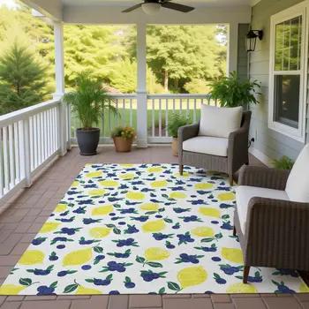 8' X 10' Ivory Yellow And Blue Lemons Washable Indoor Outdoor Area Rug