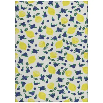 10' X 14' Ivory Yellow And Blue Lemons Washable Indoor Outdoor Area Rug