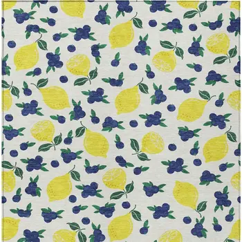 10' X 14' Ivory Yellow And Blue Lemons Washable Indoor Outdoor Area Rug