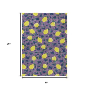 5' X 8' Lavender Yellow And Blue Lemons Washable Indoor Outdoor Area Rug