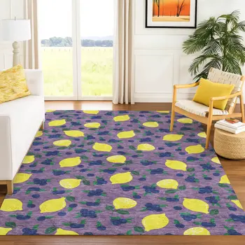 5' X 8' Lavender Yellow And Blue Lemons Washable Indoor Outdoor Area Rug