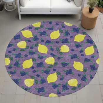8' Lavender Yellow And Blue Round Lemons Washable Indoor Outdoor Area Rug