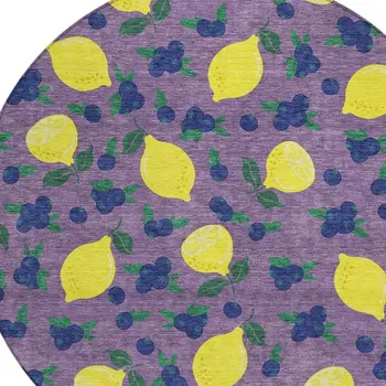 8' Lavender Yellow And Blue Round Lemons Washable Indoor Outdoor Area Rug