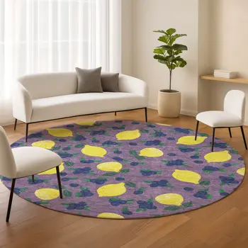8' Lavender Yellow And Blue Round Lemons Washable Indoor Outdoor Area Rug