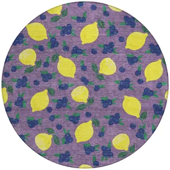 8' Lavender Yellow And Blue Round Lemons Washable Indoor Outdoor Area Rug