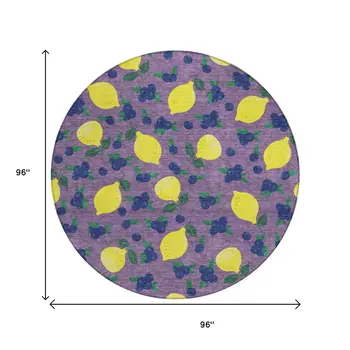 8' Lavender Yellow And Blue Round Lemons Washable Indoor Outdoor Area Rug