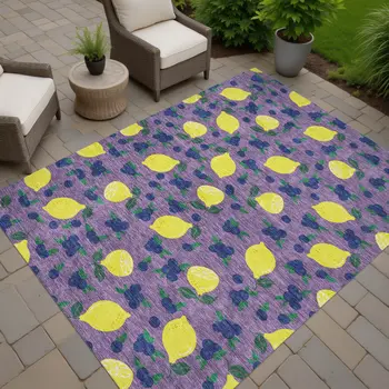 8' X 10' Lavender Yellow And Blue Lemons Washable Indoor Outdoor Area Rug