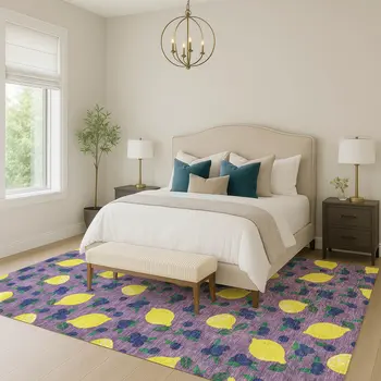 8' X 10' Lavender Yellow And Blue Lemons Washable Indoor Outdoor Area Rug