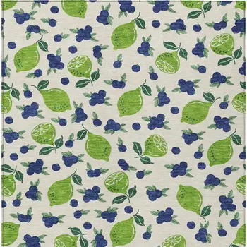 3' X 5' Linen Green And Blue Lemons Washable Indoor Outdoor Area Rug