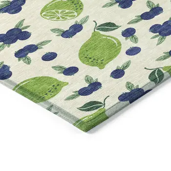 3' X 5' Linen Green And Blue Lemons Washable Indoor Outdoor Area Rug