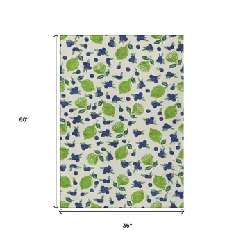 3' X 5' Linen Green And Blue Lemons Washable Indoor Outdoor Area Rug