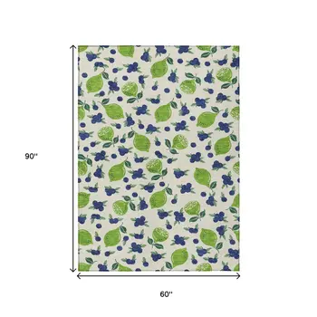 5' X 8' Linen Green And Blue Lemons Washable Indoor Outdoor Area Rug
