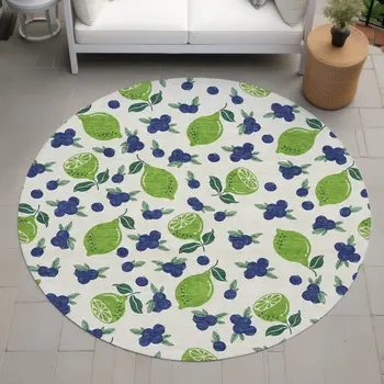 8' Linen Green And Blue Round Lemons Washable Indoor Outdoor Area Rug