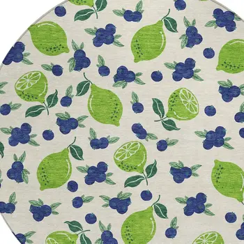 8' Linen Green And Blue Round Lemons Washable Indoor Outdoor Area Rug