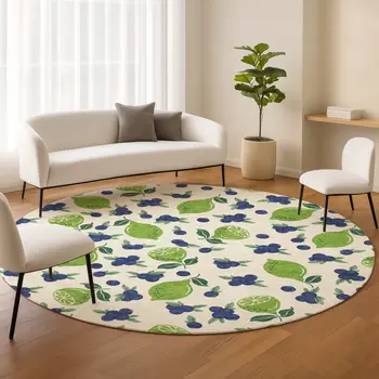 8' Linen Green And Blue Round Lemons Washable Indoor Outdoor Area Rug