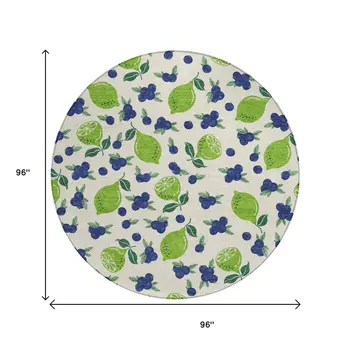 8' Linen Green And Blue Round Lemons Washable Indoor Outdoor Area Rug
