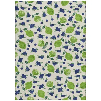 9' X 12' Linen Green And Blue Lemons Washable Indoor Outdoor Area Rug