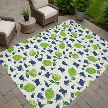 9' X 12' Linen Green And Blue Lemons Washable Indoor Outdoor Area Rug