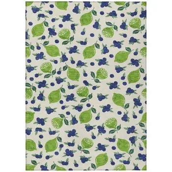 9' X 12' Linen Green And Blue Lemons Washable Indoor Outdoor Area Rug