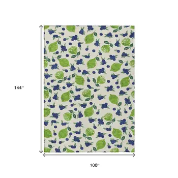 9' X 12' Linen Green And Blue Lemons Washable Indoor Outdoor Area Rug